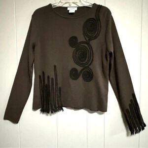 GUIDO PISANI Merino Wool Blend Sweater Brown Black Italian Fringe Size Large